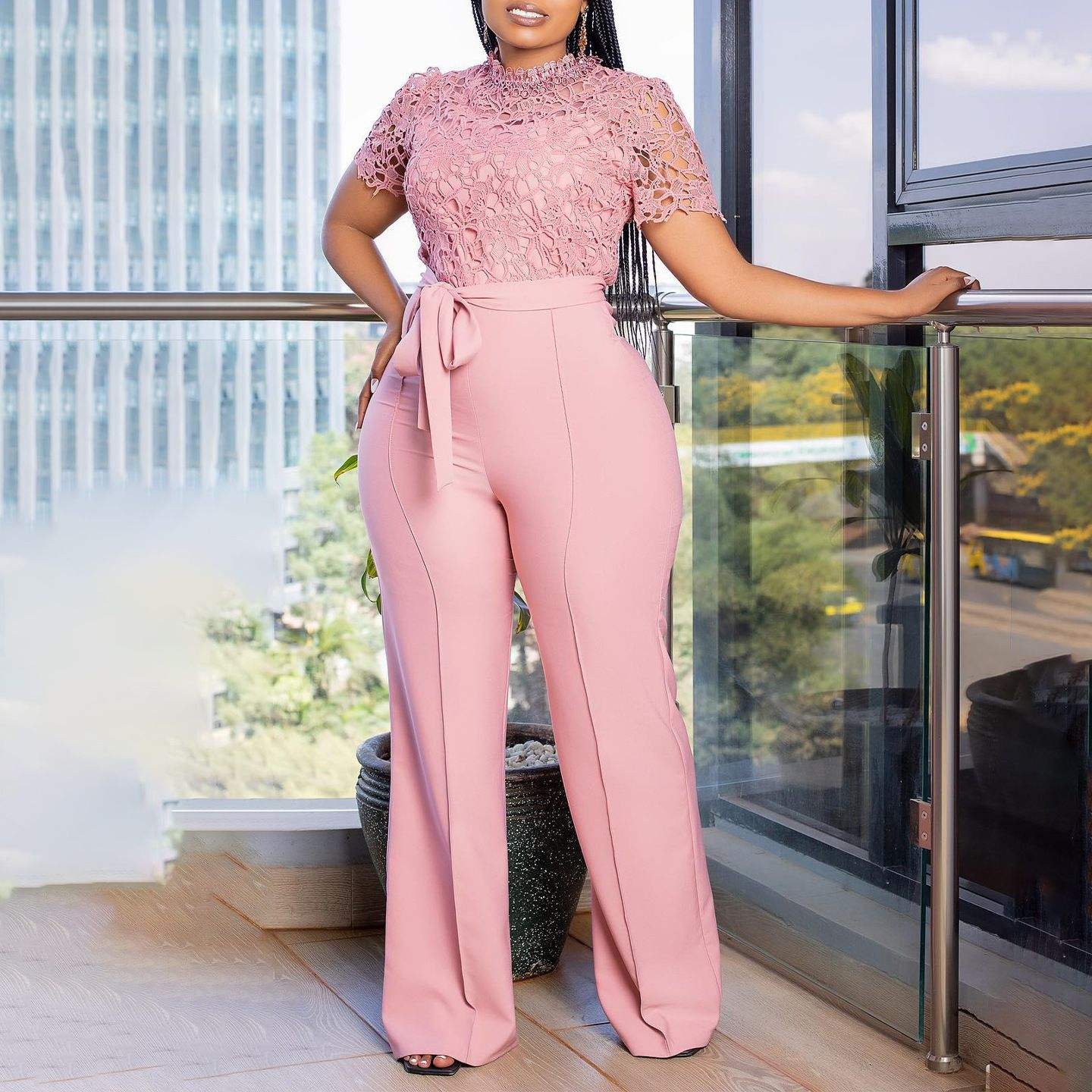 Quality Fashion Summer Loose Jumpsuit Puffy Long Sleeve Lace See