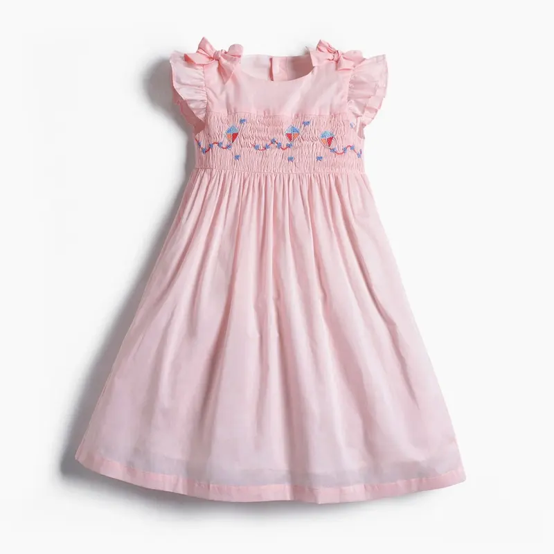 2024 New Kids Bubble Gum Pink Baumwolle ärmelloses Kleid Girs handgefertigte Smocking-Kleider Ostern Eid Feiertagskleidung