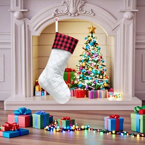 Calcetín Navideño Personalizado con Diseño <span class=keywords><strong>de</strong></span> Cuadros Buffalo, Puño Blanco <span class=keywords><strong>para</strong></span> <span class=keywords><strong>Bordar</strong></span>, Decoración Navideña Rústica en Rojo y Negro - Product Image 2