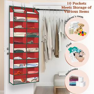 Organisateur de Noël à suspendre au-dessus de la porte, 10 compartiments, rangement suspendu extra large pour vêtements et cadeaux, en tissu non tissé rouge - Product Image 6