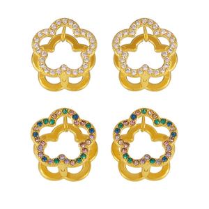 ต่างหูสแตนเลสประดับเพทายหลากสีรูปดอกไม้สองด้าน ชุบทอง 18K สำหรับผู้หญิง - Product Image 2