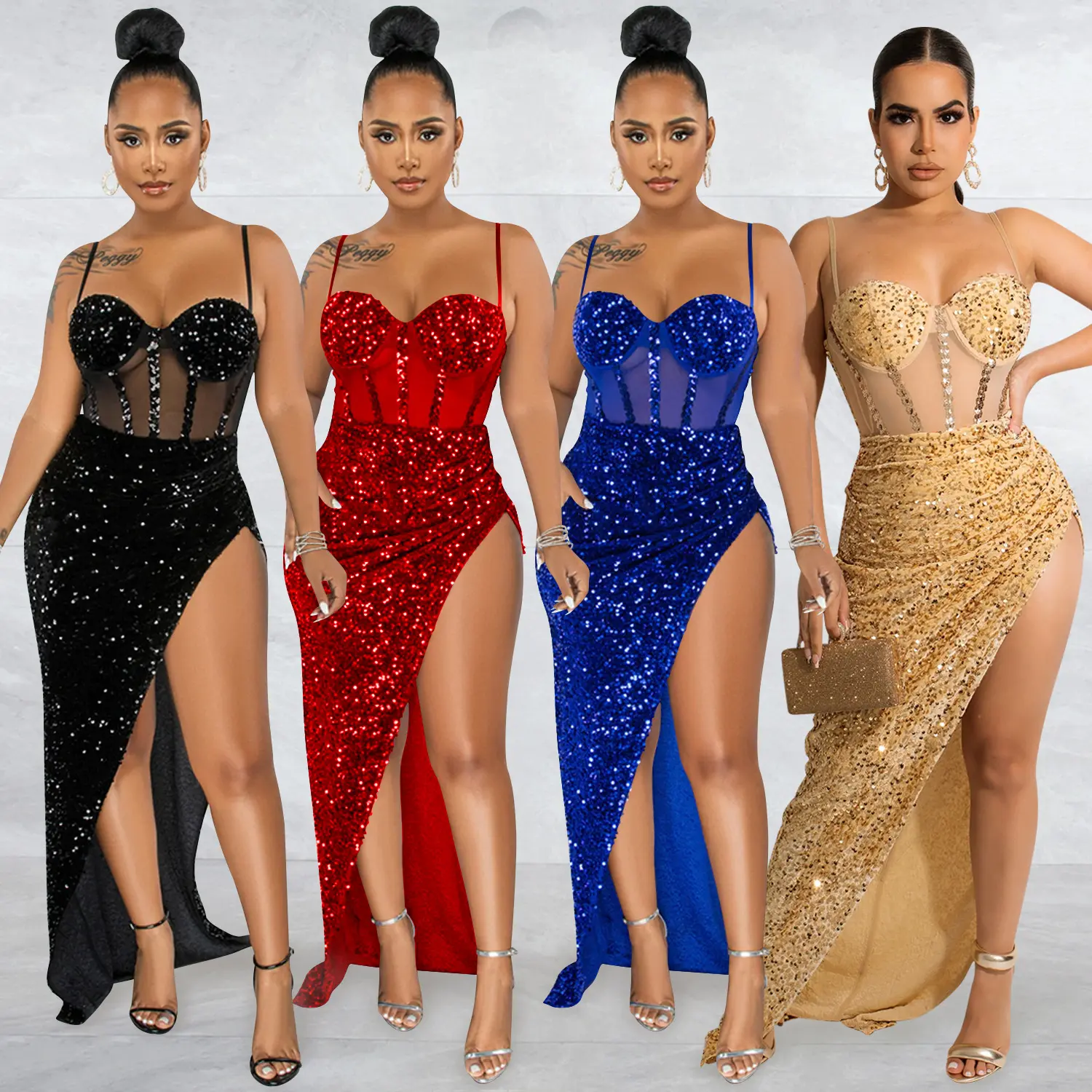 Sparkly Spaghetti Strap Sequins High Slit Sexy Party Club Dress Women Bodycon Long Cocktail Prom Gown Plus Size Evening Dress