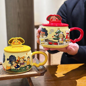 แก้วเซรามิก Zuo Mu พร้อมฝาและหูจับ ลายเพ้นท์มือ ทนความร้อน เหมาะสำหรับเป็นของขวัญ ฤดูหนาว 2025 - Product Image 1