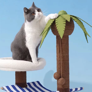 Structure d'escalade et lit tout-en-un pour chat, design moderne et classique, motif cocotier, avec griffoir et jouet à griffer pour chat, en MDF et carton - Product Image 3