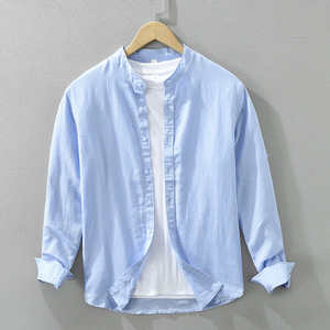 Chemise en lin et coton respirante à la vente chaude, chemise décontractée ample, couleur unie, manches longues, <span class=keywords><strong>col</strong></span> mandarin, chemises pour hommes - Product Image 5