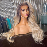 Perruque Lace Frontale Vierge Indienne 20 Pouces, Cheveux Humains Blonds, Style Lisse Ondulé et Volumineux, pour Femme Noire