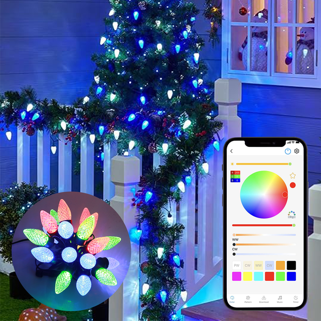 C9 LED Christmas Lights Bulbs RGBW DC12V Smart App Control IP68 Waterproof Color Changing Connectable Outdoor String Lights