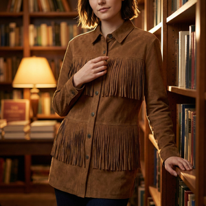 <strong>Women</strong> Vintage Brown Faux Suede Fringe Jacket Western Cowgirl Style Long Sleeve Button Down Tassel Shacket Coat - Product Image 3