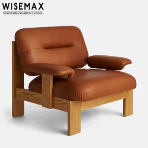 WISEMAX FURNITURE Itallian Recliner Leisure Chair Living Room Brown Genuine Real Leather Armchair With Wood Legs For Home Office