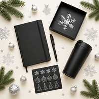 Carnet à couverture rigide A5 personnalisé noir mat avec flocon de neige argenté et stylo, coffret cadeau d'entreprise avec emballage rigide