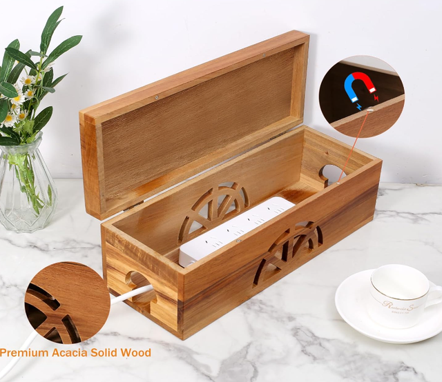 Bamboo Rectangle Modern Multifunction Large Cable Management Box Extension Cord Surge Protector Floor Cable Hider Storage