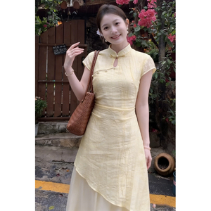 Robe longue d'été style chinois, taille empire, sans col, tissée, imprimée numériquement, respirante et lavable - Product Image 3