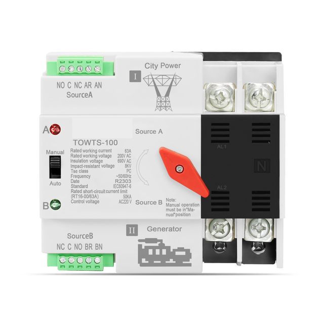 Chayo 2P ATS Automatic Transfer Switch Selector 16A-100A Electrical Switches Dual Power Connection for City & Generator