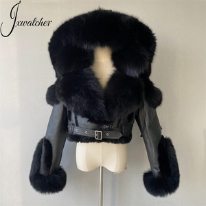 Jxwatcher Giacca in Vera <span class=keywords><strong>Pelliccia</strong></span> di Volpe Personalizzabile all'Ingrosso, <span class=keywords><strong>con</strong></span> <span class=keywords><strong>Cappuccio</strong></span>, Corta, <span class=keywords><strong>con</strong></span> Cintura, in Vera Pelle di Montone per Donne - Product Image 1
