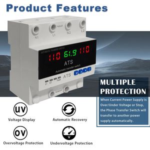Commutateur de transfert automatique réglable 4P 63A 100A ATS avec protection contre les surtensions et les sous-tensions, protection contre les surintensités et sélecteur de phase - Product Image 6
