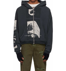 Felpa con cappuccio e zip da uomo in French Terry spazzolato pesante, grigio nero sbiadito, nuova con etichette, con grafica patchwork - Product Image 4