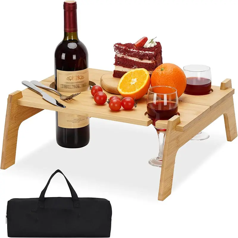 Açık taşınabilir şarap masası-dış hafif piknik masası ile şarap şişesi & 2 cam tutucu | Kapalı aperatif yatak masası