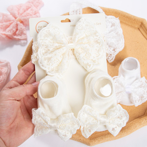 Due pezzi nuovi Set di fascia con fiocco in pizzo alla moda per bambine bianco rosa Beige 0-12 mesi Set di calze di cotone - Product Image 5