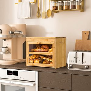 Boîte à pain en bambou double couche avec fenêtre transparente, rangement de cuisine en bois pour le pain - Product Image 3