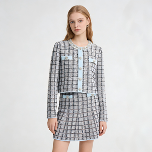 S*P 2026 Nuovo <span class=keywords><strong>Set</strong></span> Primaverile ed Estivo: Camicia Blu a Quadri in Maglia Diamantata e Gonna a Quadri per Donna - Product Image 1