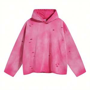 Autumn Custom Design Distressed Hole Vintage <b>Hoodie</b> Crew Neck Pullover Casual Oversize Thick <b>Pink</b> Distressed Hole Vintage <b>Hoodie</b> - Product Image 1