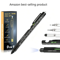 Stylo multifonction promotionnel 9-en-1 en gros avec ouvre-bouteille, lumière LED, tournevis, règle, niveau et stylo à bille, livré avec boîte