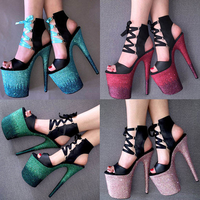 Sandales sexy à plateforme et talons hauts pour femme, personnalisées, à paillettes, style exotique, à bout ouvert, avec lacets à la cheville et lanières, pour la pole dance