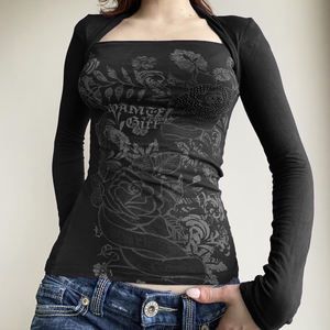 T-shirt femme vintage à col carré et manches longues, respirant, coupe ajustée - Imprimé floral numérique sur toute la surface, haut tricoté pour l'automne - Product Image 4