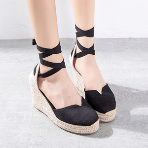 Espadrilles compensées antidérapantes en toile pour <span class=keywords><strong>femme</strong></span>, à bout fermé et lacets, hauteur rehaussée de 10 cm, pour sandales d'été en extérieur - Product Image 6