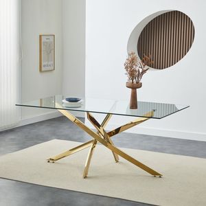 Popolare Tavolo da Pranzo Moderno Quadrato in Vetro Temperato 10/12mm, Lussuoso Tavolo da Pranzo Italiano Reale, Arredamento Dorato - Product Image 1