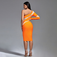 Robe Midi Bandage Orange Asymétrique à Épaule Dénudée avec Panneaux en Maille et Découpes pour Femme – Robes de Soirée Élégantes Grandes Tailles