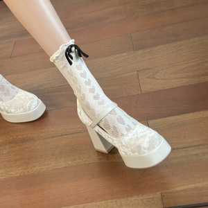 White Lace Platform Heeled Sandals Women <b>Round</b> <b>Toe</b> Chunky <b>Heel</b> Buckle Closure Breathable All Seasons Shoes - Product Image 3