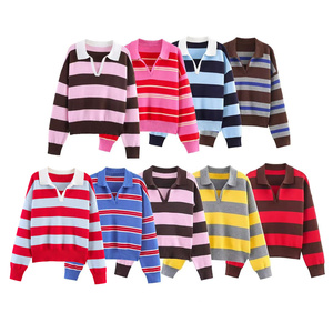 PB&ZA Nuovi Arrivi Estivi all'Ingrosso: Camicia Polo a Righe Casual da Donna con Scollo a V e Maniche Lunghe 5536056 - Product Image 1