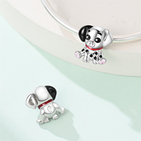 Source Jewelry Factory Breloque baril en argent 925, motif chiot dalmatien assis, chien à taches noires, collier en émail rouge, patte rose, animal de compagnie