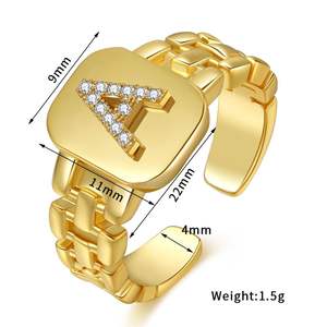 Anillo ajustable con letra inicial de Latón chapado en oro de 18K, estilo hip-hop de una sola piedra preciosa para mujer, bonito y a la moda - Product Image 5