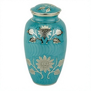 Embossed <b>Sunflower</b> Turquoise Brass Cremation Urns for Human Ashes With Free Velvet Bag - Product Image 1