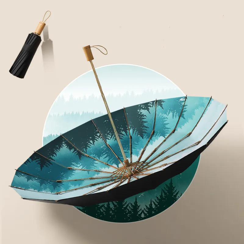 Cinese Wind Ink And Wash Rain 3 ombrello pieghevole con manico in legno per la protezione solare femminile
