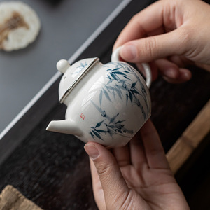Guanlan Hand Painted Blue Bamboo Ceramic Teapot Small Size With Lid For One Person Kung Fu <b>Tea</b> <b>Set</b> Porcelain Round Shape - Product Image 3