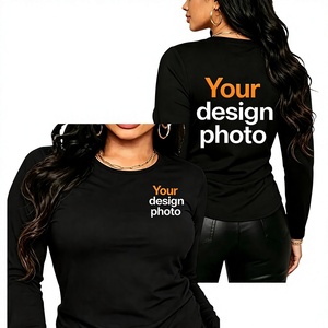 Women V Neck <b>Long</b> Sleeve <b>T</b> <b>Shirt</b> Slim Fit Casual <b>Black</b> 100% Polyester/Spandex/Cotton Knitted Breathable Heat Transfer Printing - Product Image 1