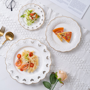 Embossed Hollow Ceramic Dinner Plate Gold Rim Breakfast <b>Pasta</b> Dessert Bread Fruit Serving Tray Restaurant Dinnerware 20Pcs - Product Image 3