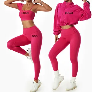 Boskims Atacado Roupas Esportivas 3 peças Conjunto de Fitness Yoga jaqueta e sutiã estilo sólido respirável para treino e treino jaqueta casual