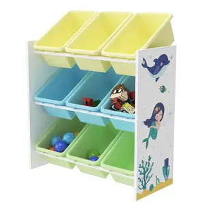 Custom Design 3 Tier 9 Plastic Bins Cute baby Children Kids Wooden Toy Storage Organizer rack, kids toys organizer shelf