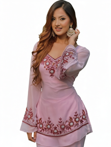 Pink Embroidered Chiffon <b>Kurta</b> Set <b>Women</b> Indian Pakistani Ethnic Wear Wedding Diwali Party Outfit - Product Image 1