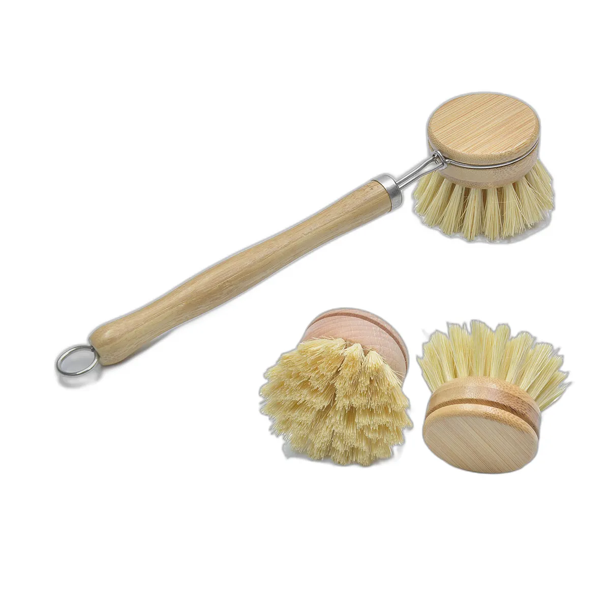 Wooden Dish Brush,Bamboo Wood & Natural Bristle Tampico Fiber Cleaning Brushes,Includes 2pcs Replacement Brush Heads for Grill B