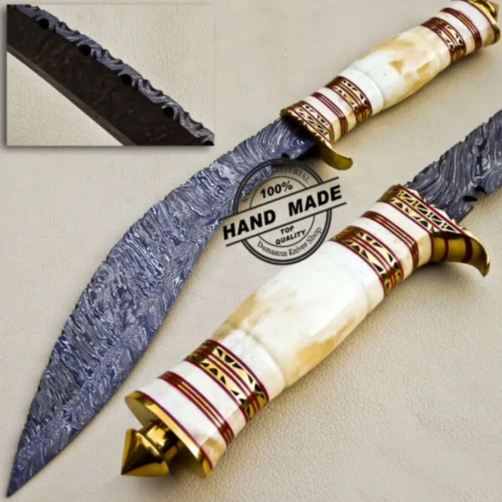 Kkri — manche de couteau en acier damas, haute qualité, fait à la main, manche en os de chameau avec combinaison en laiton et gaine en cuir fin