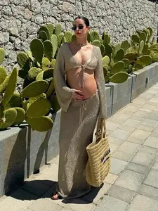 Completo da Spiaggia Sexy in Tinta Unita, Copricostume Lavorato a Maglia 2 Pezzi, Estate 2026, Top con Maniche a Campana e Lacci, Gonna Lunga per Donna - Product Image 6