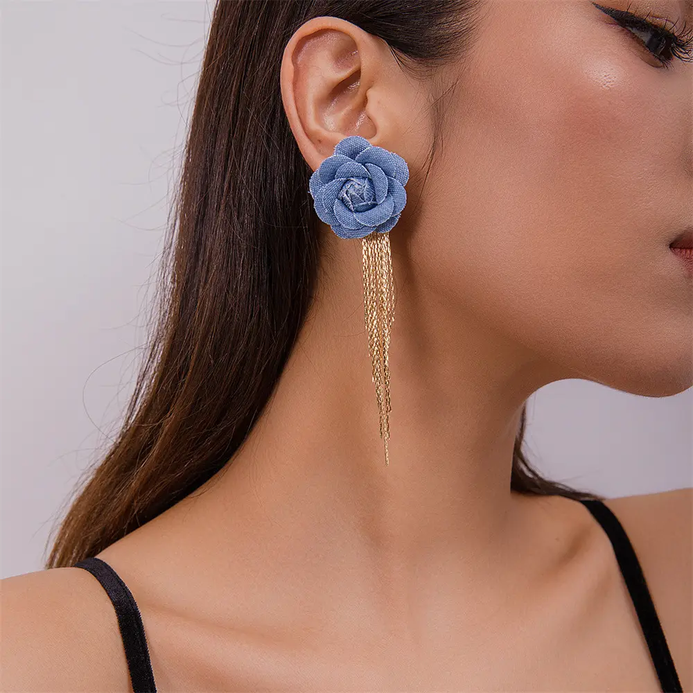 Go Party anting-anting Juntai rumbai logam elegan anting-anting kancing bunga biru Denim desain baru untuk wanita anak perempuan