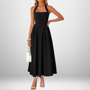 Robe longue élégante pour <span class=keywords><strong>femme</strong></span>, col halter <span class=keywords><strong>carré</strong></span>, dos noué, taille smockée, <span class=keywords><strong>coupe</strong></span> fluide trapèze, sans manches, unie, décontractée - Product Image 4