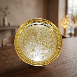 Assiette décorative ronde en métal avec motif végétal gravé, design traditionnel chinois fait main - Product Image 3