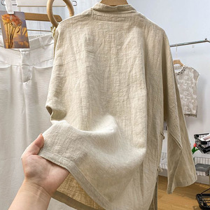 Cotton Linen Stand Collar Long Sleeve Shirt With Chinese Knot Buttons Solid Color Mid Length For Spring Autumn Everyday Wear - Product Image 3